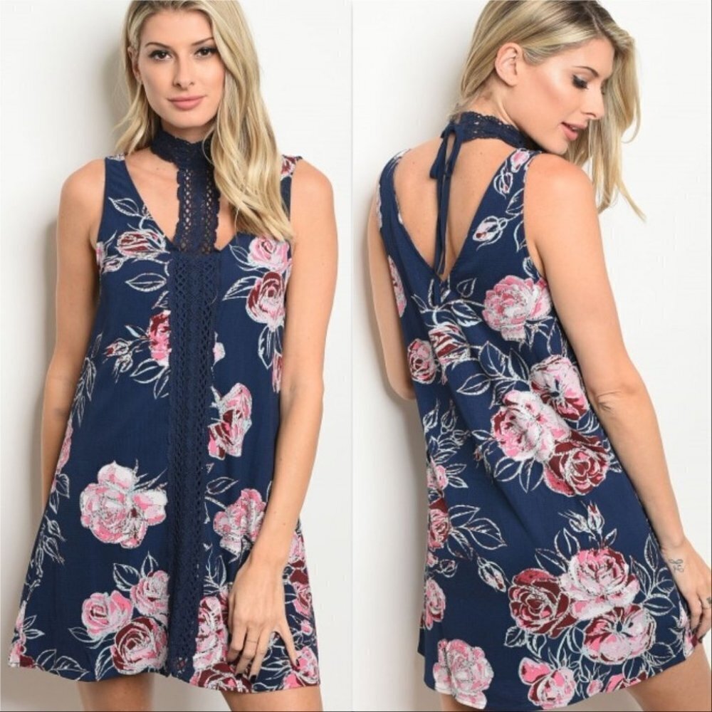 DRESS - NAVY BLUE FLORAL PRINT CHOKER DRESS